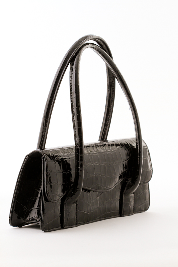 Black Patent Leather Handbag – Crocodile Pattern – Madison Avenue Mall Furs
