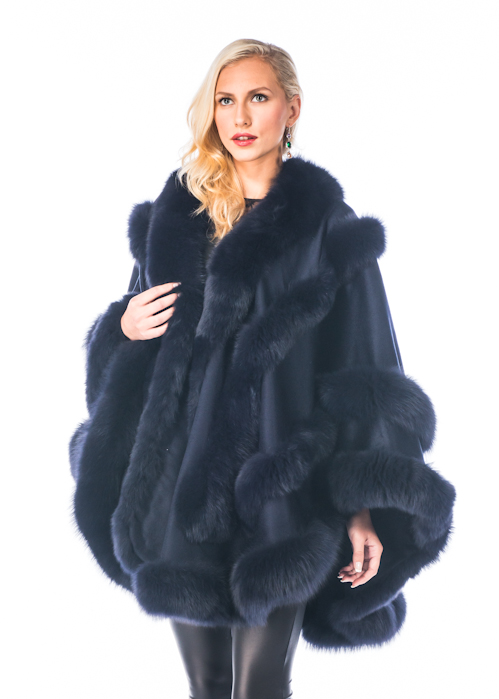 Cashmere Cape – Navy Blue Fox – Empress Style – Madison Avenue Mall Furs