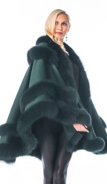 cashmere cape with fox fur trim-forest green