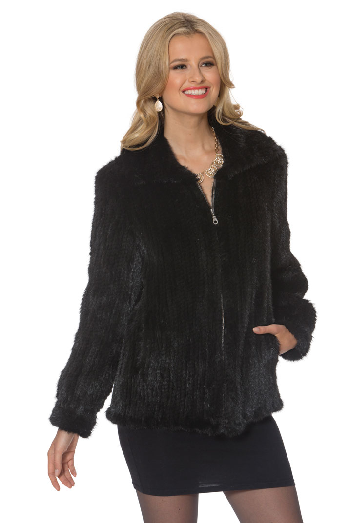 Knitted Mink Jacket Midnight Black Zippered Madison Avenue Mall Furs