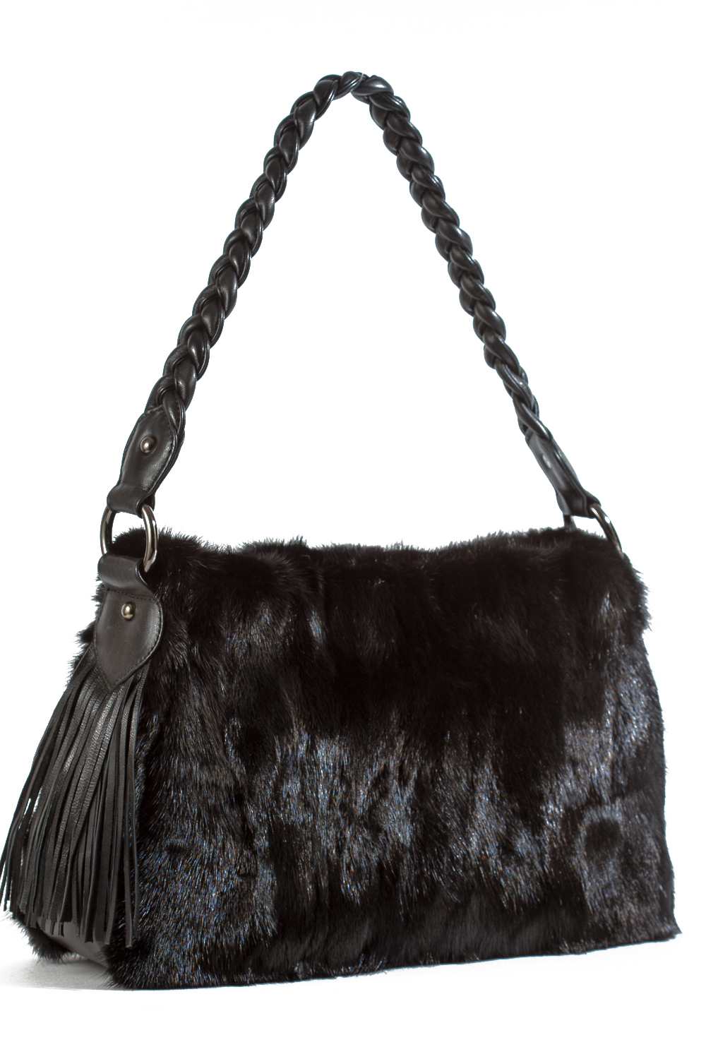 FRR CANADA Genuine Mink Fur Shoulder Bag Handbag with Horn Handle, Black