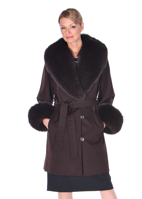 Dark Brown Cashmere Wrap Coat- Fox Trim – 35 – Madison Avenue Mall Furs