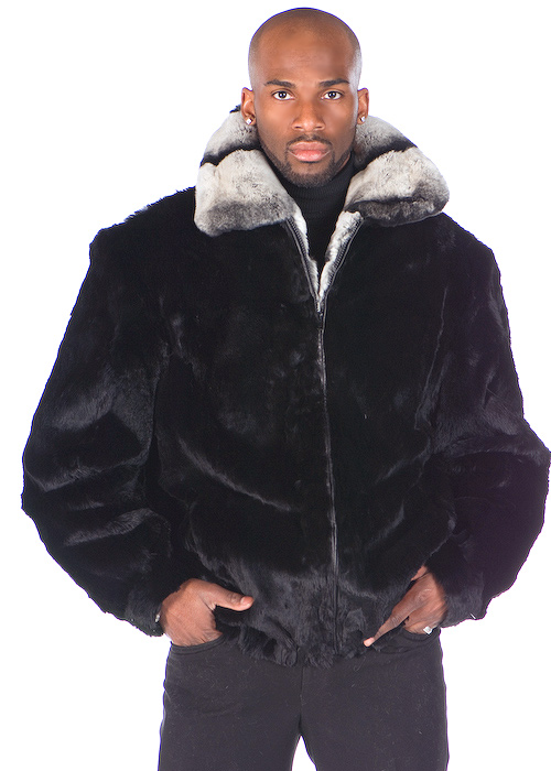 Mens Zippered Rabbit Bomber Jacket – Rex Trim – Madison Avenue Mall Furs