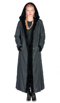 Black Waterproof 3/4 Raincoat Lined w/ Natural Demi Buff Mink w/ Asiatic  Raccoon Trimmed Hood (size: Med) - Madison Avenue Furs & Henry Cowit, Inc.
