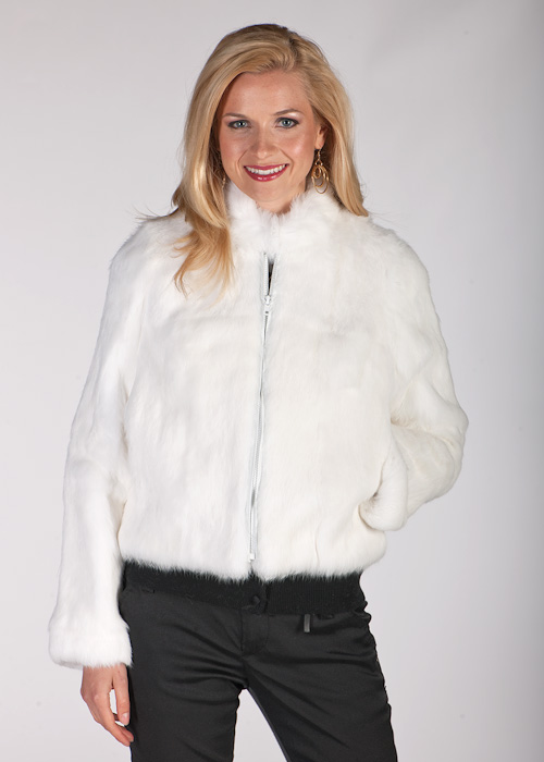 White Fur Zippered Short Jacket - Rabbit Fur