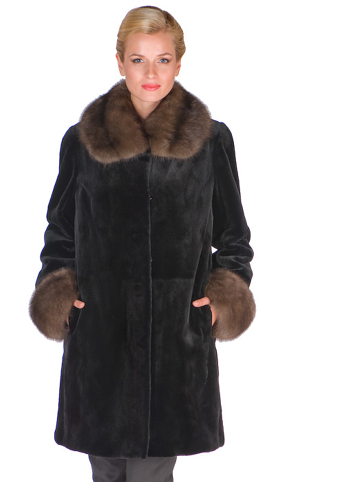 Red sheared mink fur coat with blue frost fox fur collar and cuffs