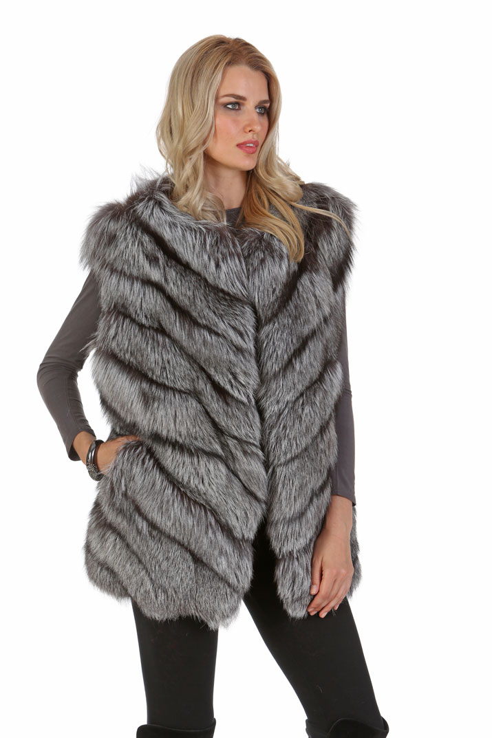 Genuine Silver Fox Fur Vest Real Fur Gilet For Women Chevron Design Ebay