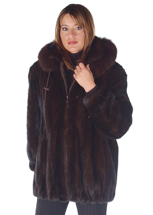 Mink Jacket – Mahogany Mink Fox Trimmed Hood – Madison Avenue Mall Furs