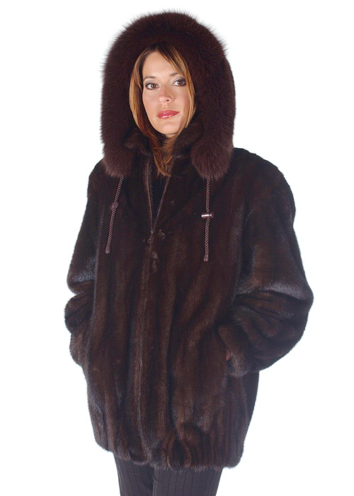 Mink Jacket – Mahogany Mink Fox Trimmed Hood – Madison Avenue Mall Furs