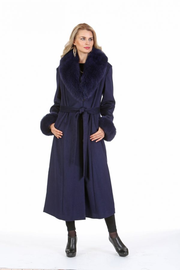 Navy Cashmere Coat - Navy Fox Collar and Cuffs - Plus Size