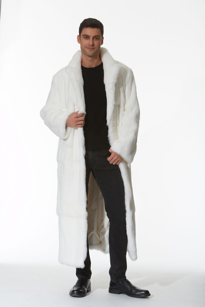 Men's White Fur Coat - Natural White Rabbit -Double Breasted