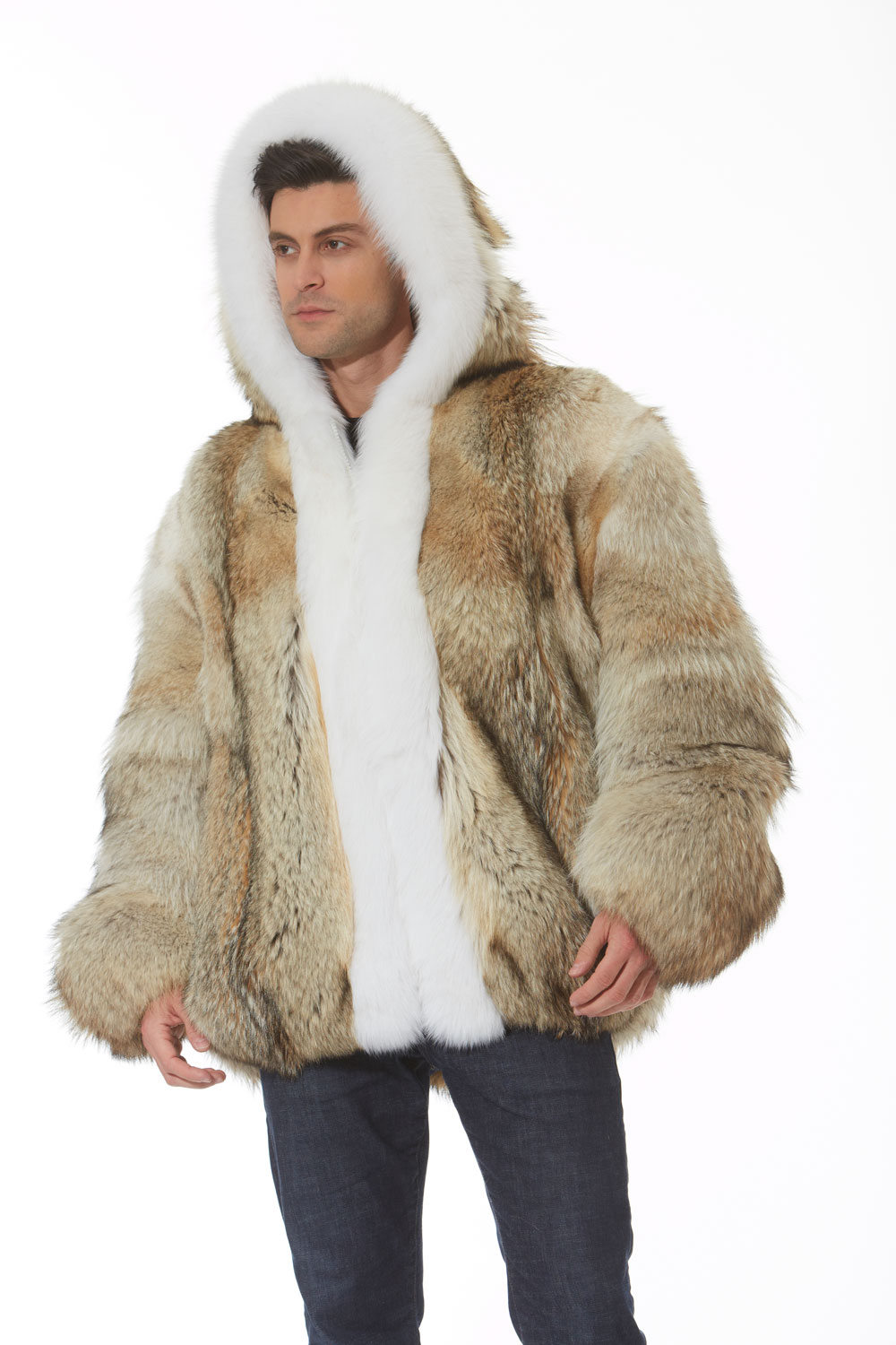 Men S Coyote Hooded Parka White Fox Trim Madison Avenue Mall Furs