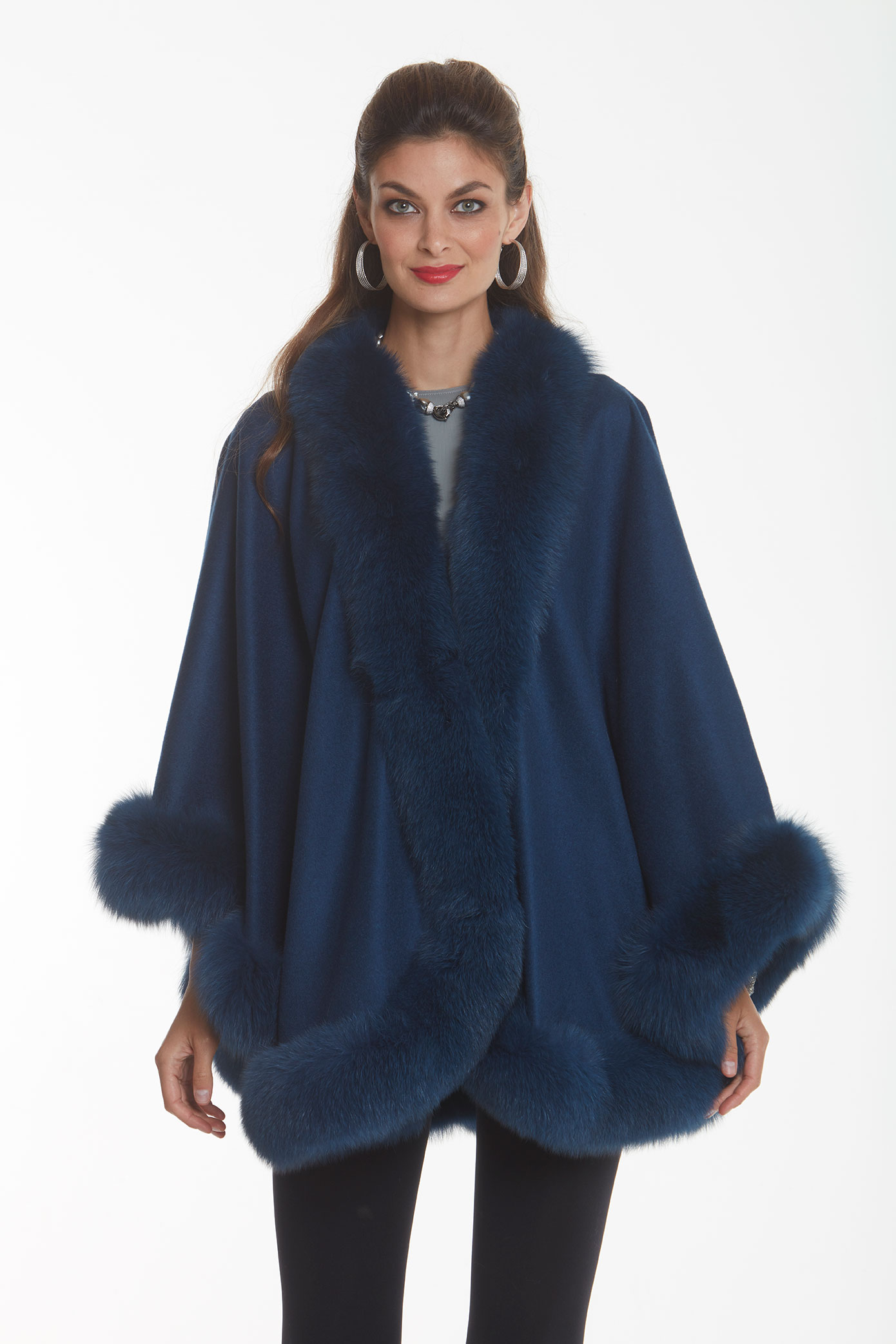 Cashmere Cape – Teal Fox Trim – Madison Avenue Mall Furs